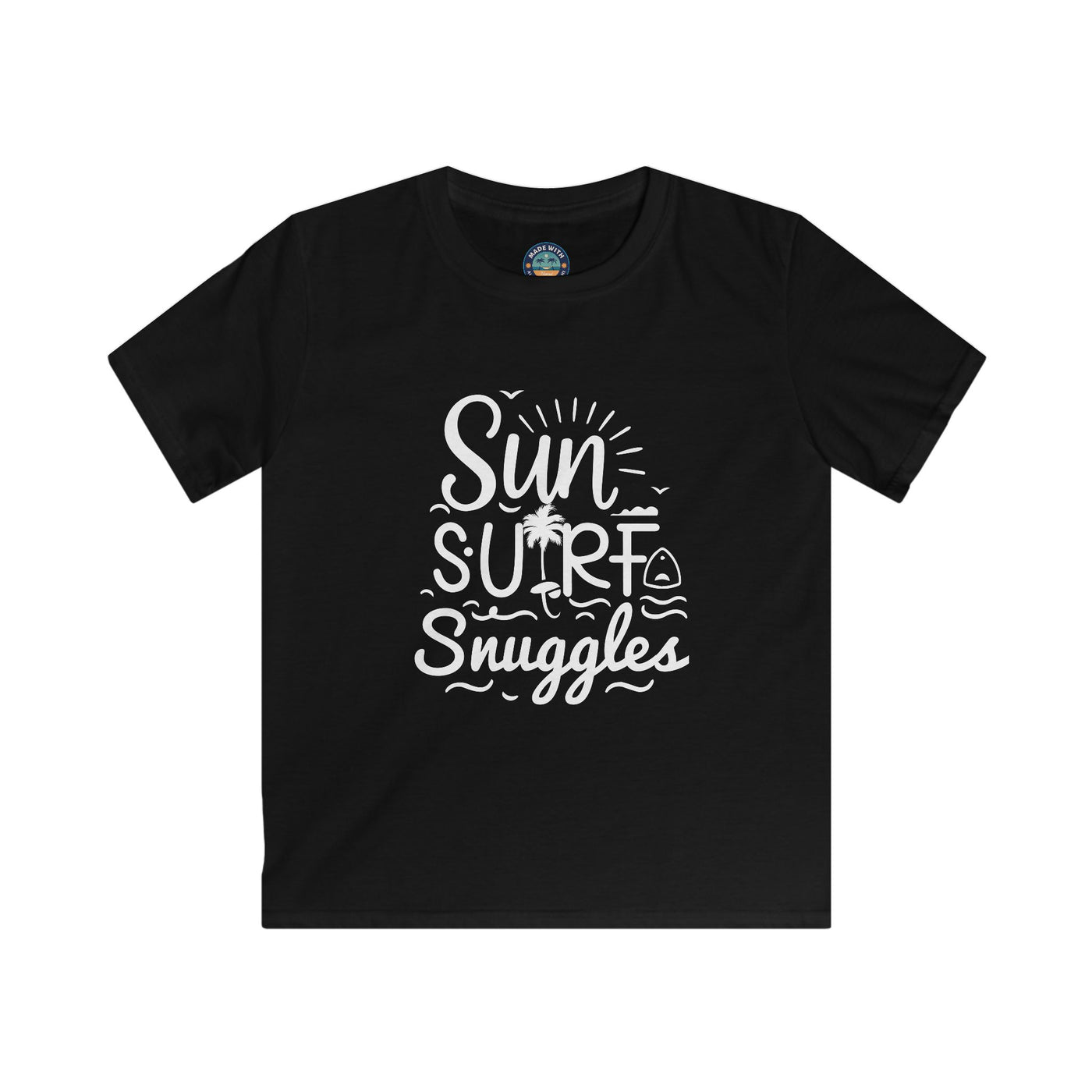 "Sun, Surf, Snuggles" Kids Softstyle Tee (White)