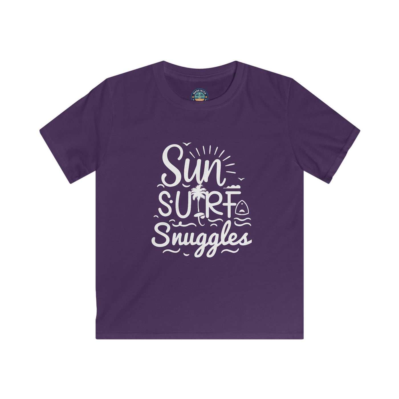 "Sun, Surf, Snuggles" Kids Softstyle Tee (White)