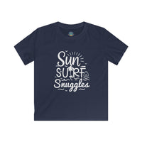 Load image into Gallery viewer, "Sun, Surf, Snuggles" Kids Softstyle Tee (White)