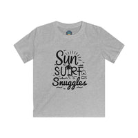 Load image into Gallery viewer, "Sun, Surf, Snuggles" Kids Softstyle Tee (Black)