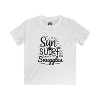 Load image into Gallery viewer, "Sun, Surf, Snuggles" Kids Softstyle Tee (Black)