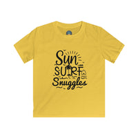 Load image into Gallery viewer, "Sun, Surf, Snuggles" Kids Softstyle Tee (Black)