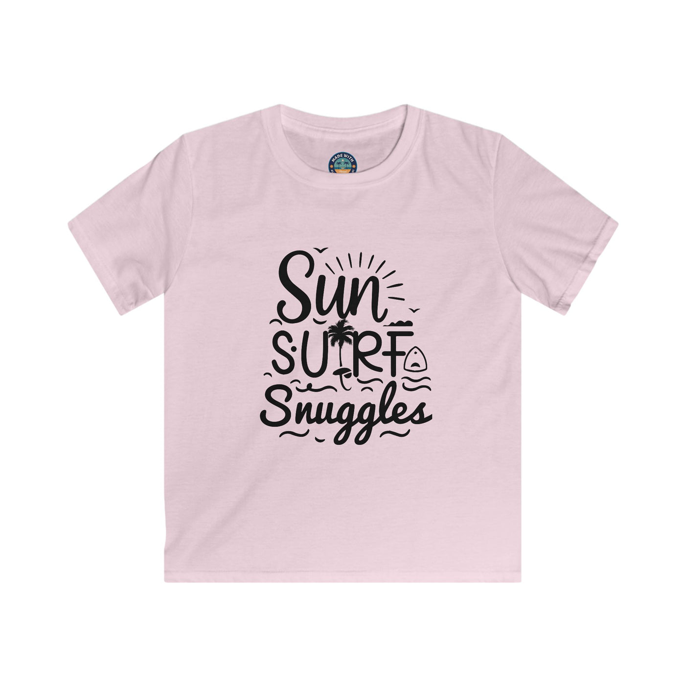 "Sun, Surf, Snuggles" Kids Softstyle Tee (Black)